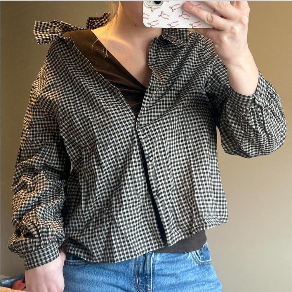 Old Navy Black and White Checkered Blouse With Fringed Neckline